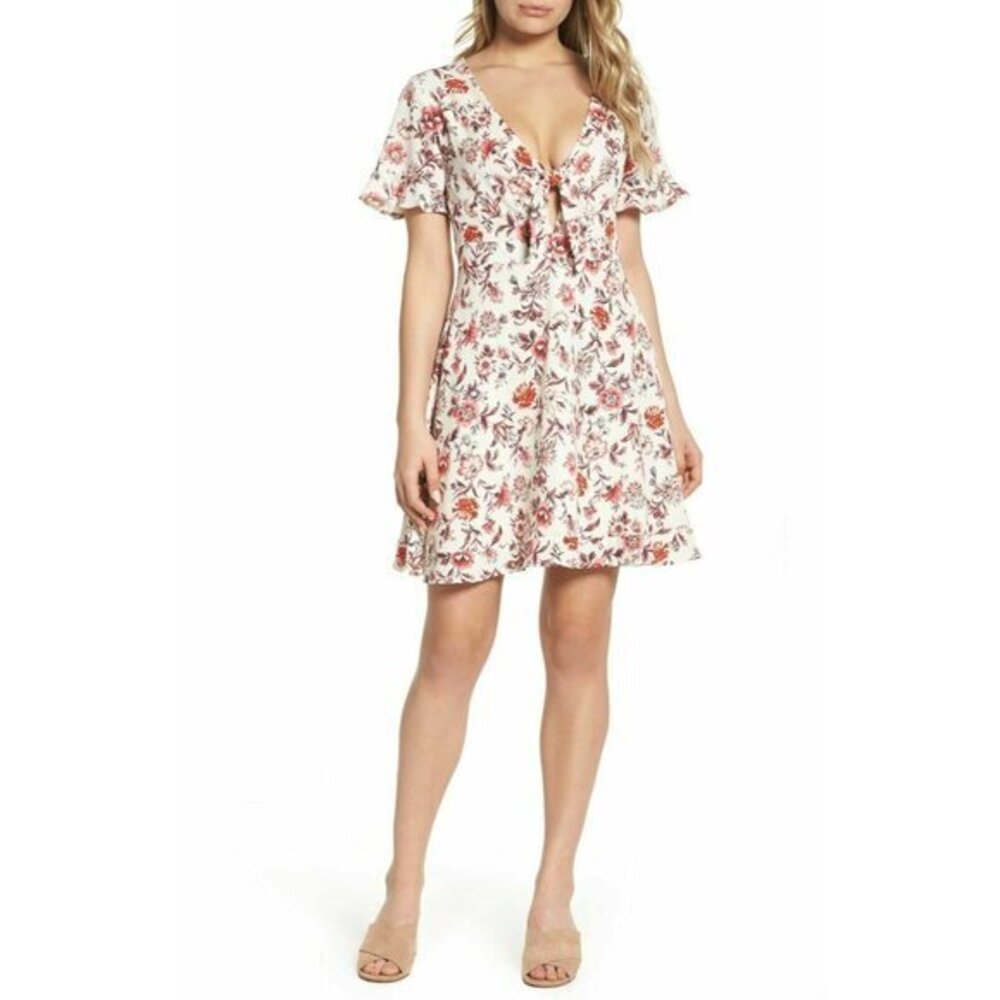Nsr Tie Front Mini Ruffle Dress Red Floral Print White Summer Dress XL NWT